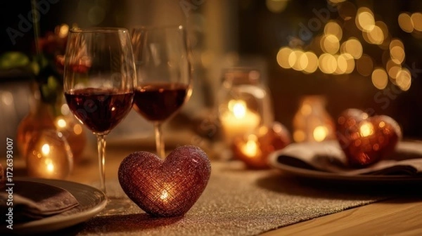 Fototapeta Romantic Dinner Setting: Close-up of Wine Glasses, Candles, and Rose Petals on a Table, Capturing the Warm Atmosphere of a Date.