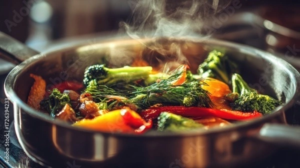 Fototapeta Shabu Shabu Dinner: Overhead View of an Asian Hot Pot Boiling with Meat, Seafood, and Fresh Vegetables, Ready to be Eaten.