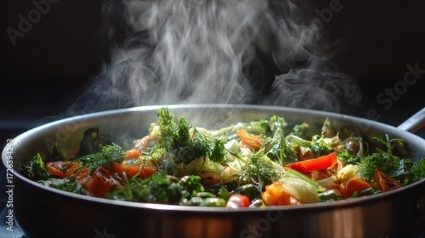 Fototapeta Shabu Shabu Dinner: Overhead View of an Asian Hot Pot Boiling with Meat, Seafood, and Fresh Vegetables, Ready to be Eaten.
