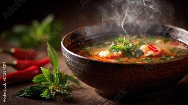 Fototapeta Hot Steaming Asian Soup: Close-up of a Delicious Traditional Dish Boiling in a Pot, Highlighting the Steam and Fresh Ingredients. 