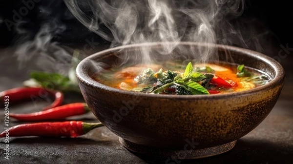 Fototapeta Hot Steaming Asian Soup: Close-up of a Delicious Traditional Dish Boiling in a Pot, Highlighting the Steam and Fresh Ingredients. 