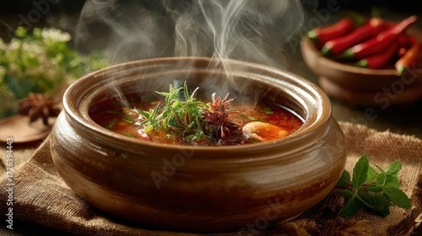 Fototapeta Hot Steaming Asian Soup: Close-up of a Delicious Traditional Dish Boiling in a Pot, Highlighting the Steam and Fresh Ingredients. 