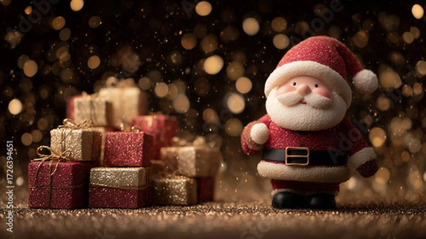 Obraz ‌Santa Claus Standing on Gifts with Dark Golden Background, Shimmering Christmas Design for Holiday Promotion‌
