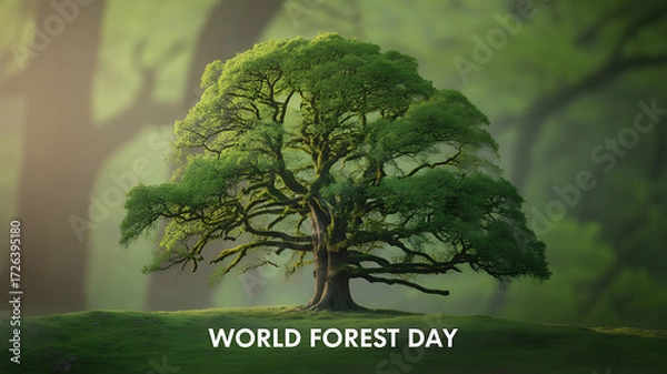 Obraz A majestic tree stands alone in a lush forest, illuminated by soft sunlight, celebrating World Forest Day.