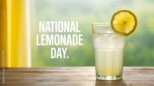 Obraz A glass of lemonade with a lemon slice garnish on a wooden table, celebrating National Lemonade Day.