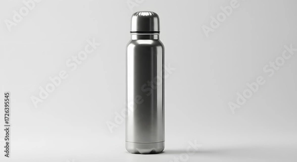 Fototapeta A sleek, silver stainless steel reusable water bottle standing upright against a clean, minimalist white background with a soft shadow.