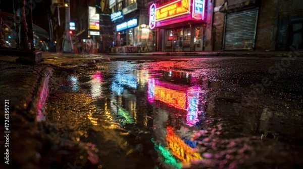 Fototapeta Abstract Neon Reflection: Vibrant, Blurry Lights of a City Street at Night, Creating an Energetic and Colorful Background. 