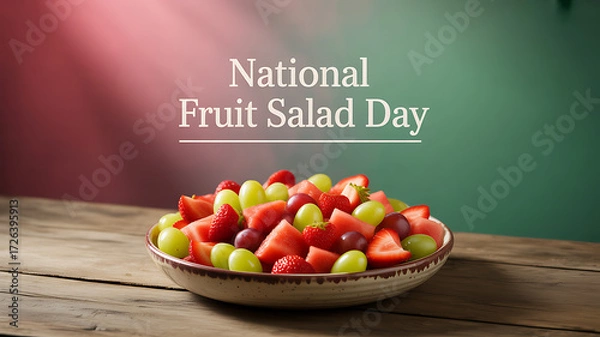 Obraz A colorful fruit salad featuring strawberries, grapes, and watermelon on a wooden table, celebrating National Fruit Salad Day.