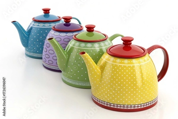 Fototapeta A nice collection of colorful teapots with a red lid on white background