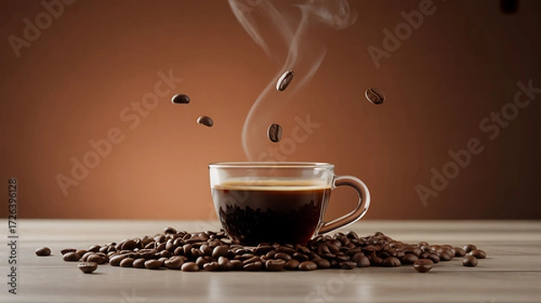 Obraz A steaming cup of coffee with coffee beans floating above it on a wooden surface