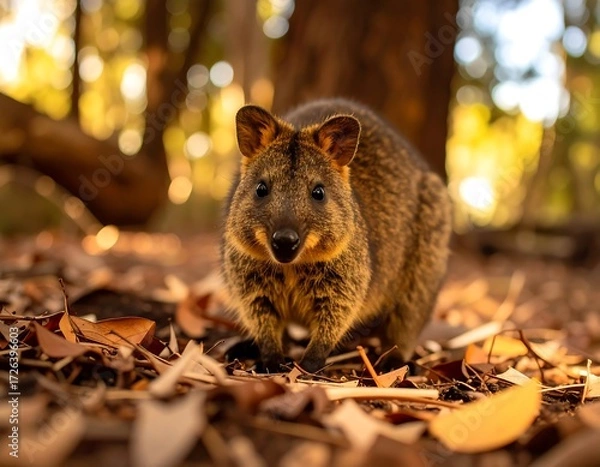 Fototapeta A quokka looks directly at the camera, surrounded by fallen autumn leaves in a sun-dappled forest