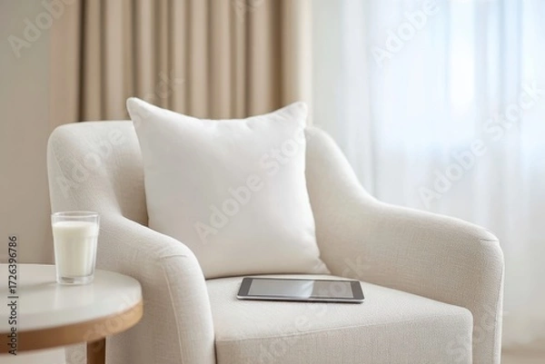 Fototapeta Cozy Living Room Setting with Tablet and Glass of Milk on Table