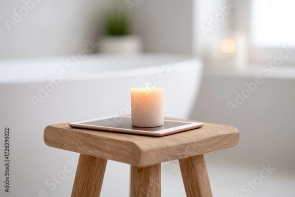 Fototapeta Serenity in a Modern Bathroom with Candle and Tablet on Stool