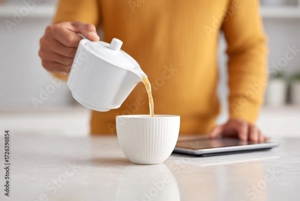 Fototapeta Pouring Hot Tea Into a White Cup While Using a Tablet at Home