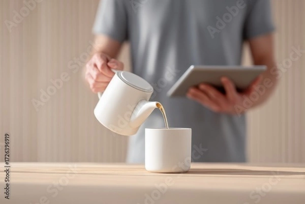 Fototapeta Pouring Coffee from White Pot into Mug while Using Tablet Device