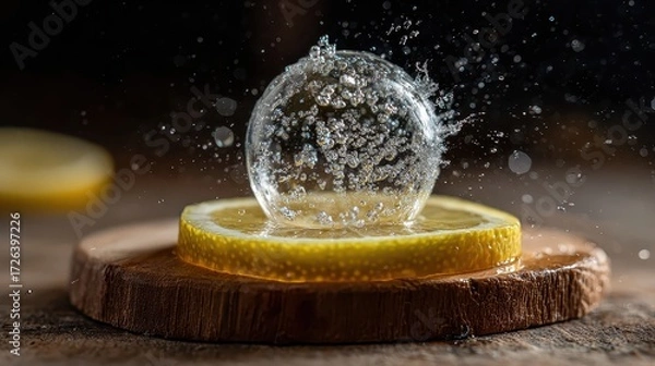 Fototapeta Fresh Lemon Splash: A Slice of Lemon in a Water Bubble or Splash with Vibrant Blue Background, Symbolizing Freshness and Purity.