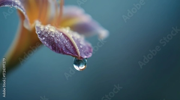Fototapeta Macro Water Reflection: Glistening Droplets on a Pink Petal Reflecting a Tiny City Skyline, Blending Nature and Urban Life. 