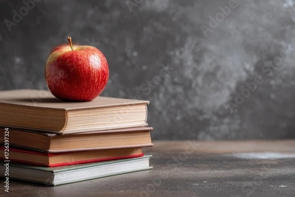 Fototapeta Fresh Red Apple on Stack of Books with Dark Background