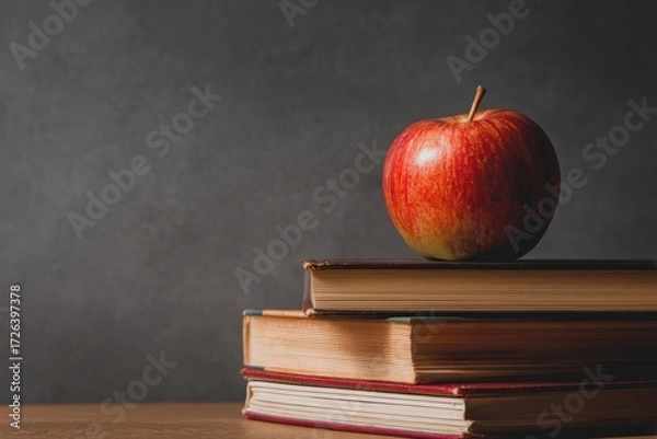 Fototapeta Red Apple on Stack of Vintage Books Against Dark Background