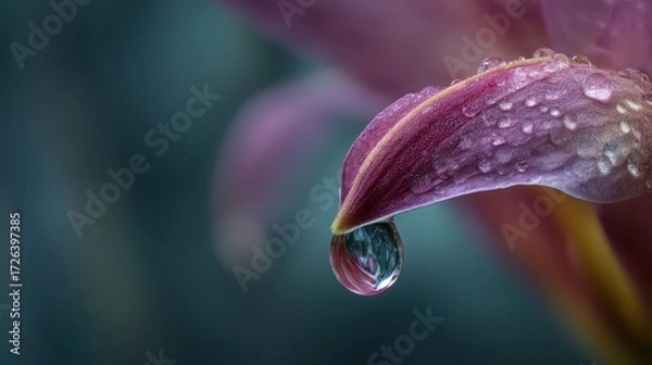 Fototapeta Macro Water Reflection: Glistening Droplets on a Pink Petal Reflecting a Tiny City Skyline, Blending Nature and Urban Life. 