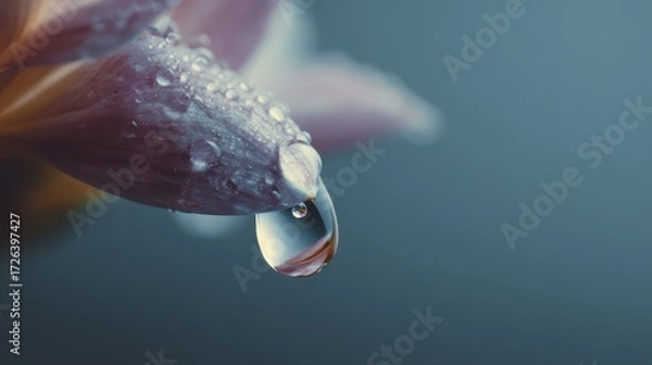 Fototapeta Macro Water Reflection: Glistening Droplets on a Pink Petal Reflecting a Tiny City Skyline, Blending Nature and Urban Life. 