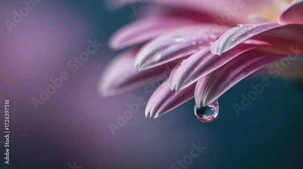 Fototapeta Macro Water Reflection: Glistening Droplets on a Pink Petal Reflecting a Tiny City Skyline, Blending Nature and Urban Life. 