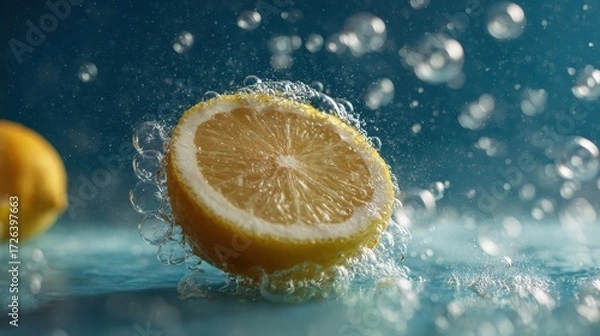 Fototapeta Fresh Lemon Splash: A Slice of Lemon in a Water Bubble or Splash with Vibrant Blue Background, Symbolizing Freshness and Purity.