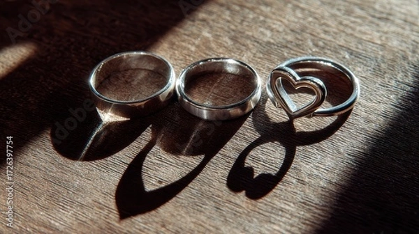 Fototapeta Golden Water Rings: Macro View of Elegant Wedding Bands Submerged or Reflected in Clear Water with Warm, Golden Bokeh Lights.