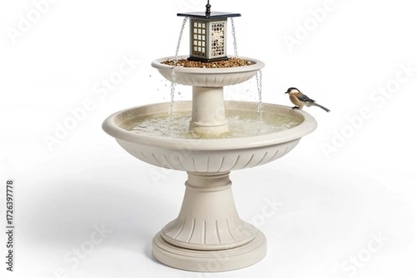 Obraz A water fountain with a bird feeder on top of it on white background