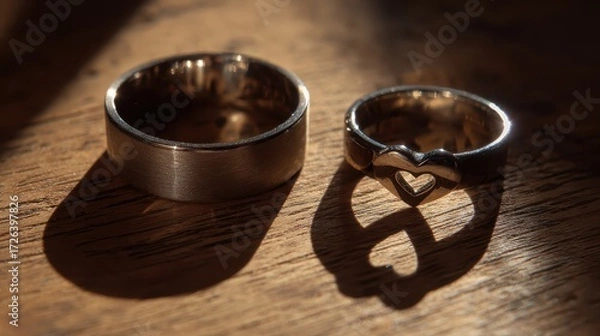 Fototapeta Golden Water Rings: Macro View of Elegant Wedding Bands Submerged or Reflected in Clear Water with Warm, Golden Bokeh Lights.