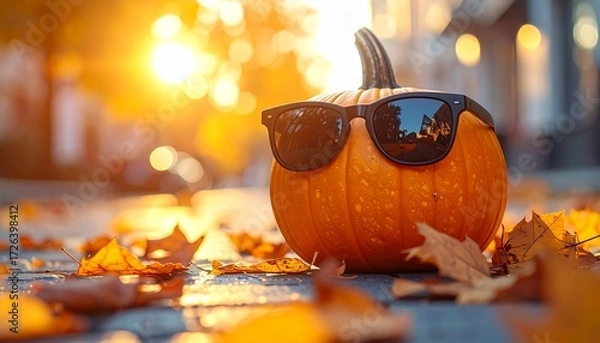 Fototapeta Pumpkin wearing sunglasses placed on a street with golden autumn leaves, warm sunlight, and soft bokeh creating a cozy seasonal vibe