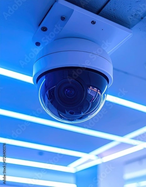 Fototapeta Security camera hanging from a ceiling with blue lights