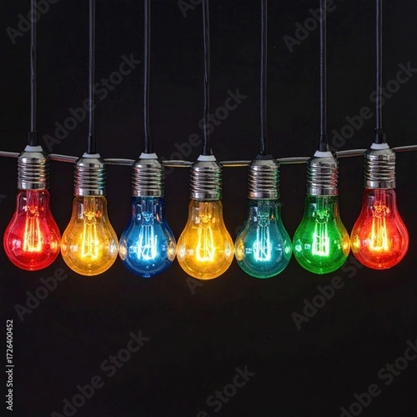 Fototapeta Colorful light bulbs in a row against a dark background