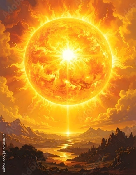 Fototapeta A radiant sun, emanating intense light and heat, illuminates a serene landscape below, casting golden hues across mountains and a tranquil body of water