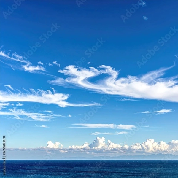 Fototapeta Vast expanse of a cerulean sky, dotted with wispy clouds, meeting the deep blue ocean