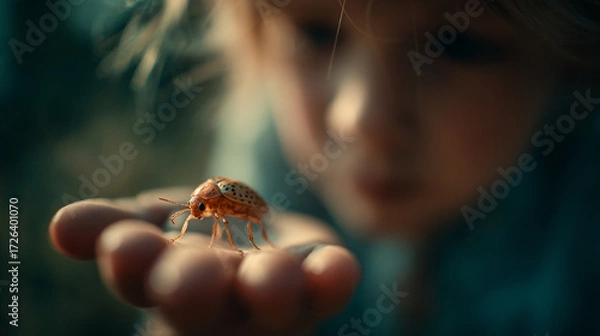 Fototapeta A young child observing a ladybug on the palm of their hand.