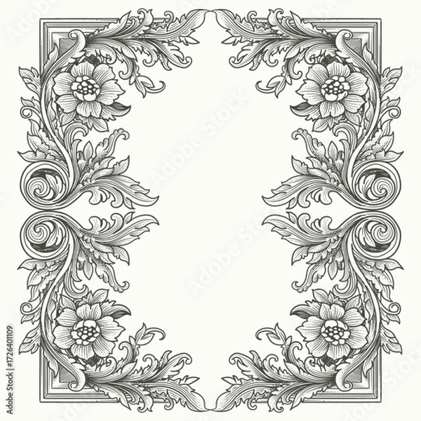 Fototapeta Classical baroque frame with flowers in vintage style. Vector illustration

