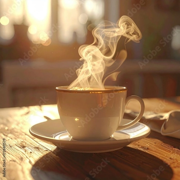 Fototapeta Warm cup of coffee steaming on a wooden table in sunlight