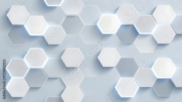 Obraz White and Gray Hexagons with Glowing Blue Edges on a Light Blue Background abstract bright