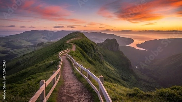 Obraz Winding mountain path with wooden fence at sunset overlooking a coastal bay Keywords: mountain, landscape, nature, sunset, sky, clouds, orange, pink