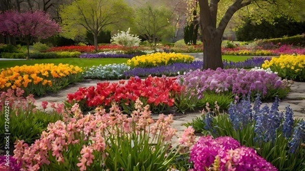 Fototapeta Colourful tulip field in a spring park garden