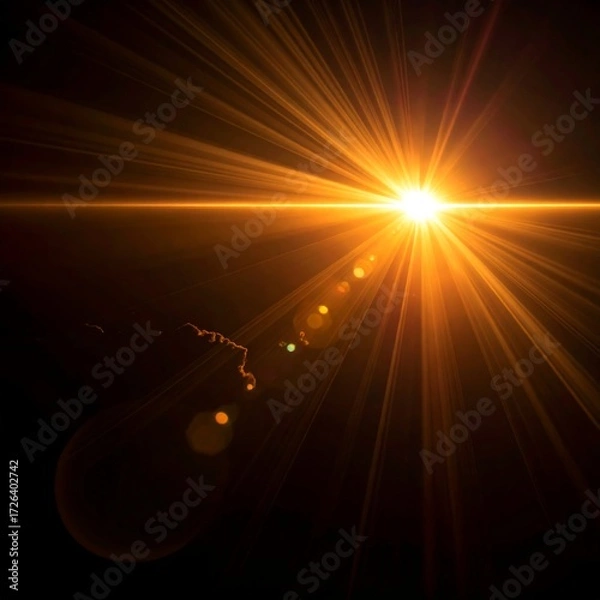Fototapeta A radiant sunrise or sunset, with bright, golden rays emanating from a central point, and lens flares adding to the dramatic effect