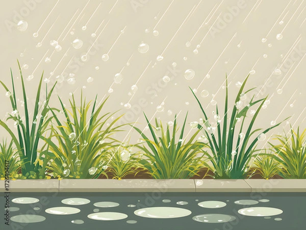 Fototapeta Vector illustration of a rainy day street, where fresh green grass grows next to a wet pavement