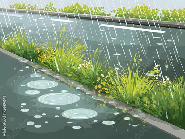 Fototapeta Vector illustration of a rainy day street with puddles and grass, a wet urban scene in the rain