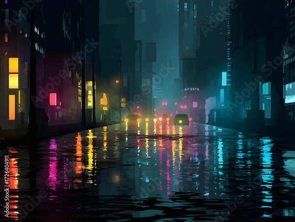 Fototapeta Vibrant Reflections A Rainy Night Illuminated by Neon Lights in the City, Creating a Moody Atmosphere