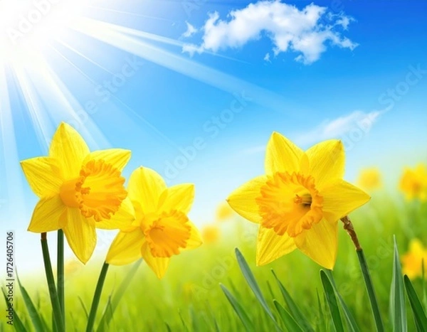 Fototapeta Spring daffodils in a vibrant meadow under a bright sky