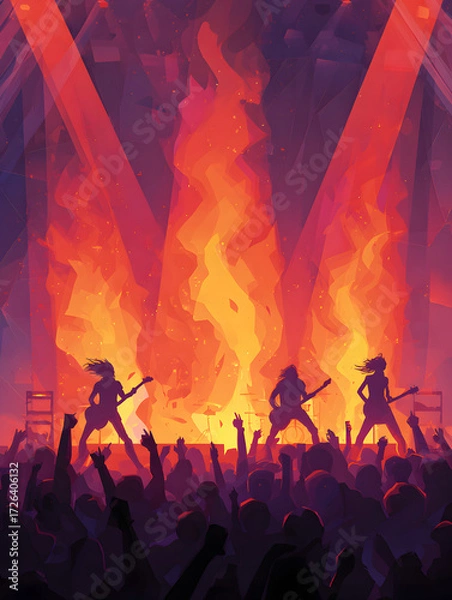 Fototapeta Energetic rock band ignites the stage with electrifying performance, captivating an enthusiastic audience