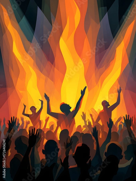 Fototapeta Vector illustration of a rock-style stage show with a crowd and stage lighting, a lively event!