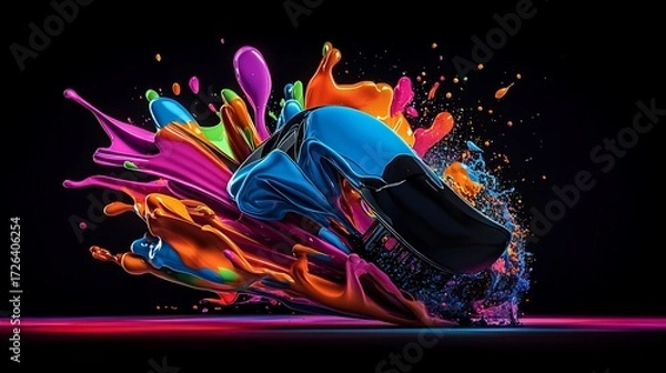 Fototapeta Vibrant, colorful paint splashes around a dark shoe against a black background