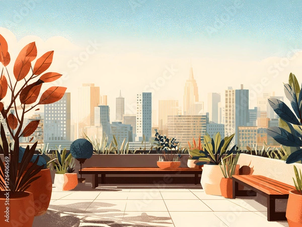 Fototapeta Vector illustration of a serene morning on a rooftop with views of the city and plants in pots